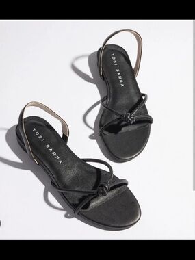 NWOT Yosi Samra Black Knotted Slingback Leather  Sandals with Tan Accent